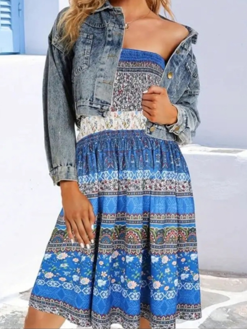 Blue Strapless Floral Boho Print Smocked Sundress. XL - Picture 3 of 10